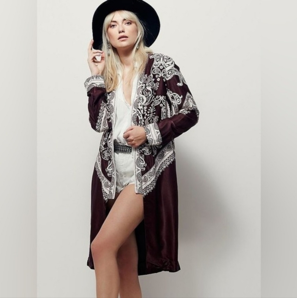 Free People Brown and White Paisley Long Kimono